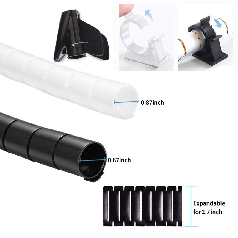 VIWIEU Cable Management Sleeves Desk Cord Organizer Cover Black White with 4 Adhesive Cable Clips, VIWIEU 2 PCS Cable Bundler Wire Wrap System for TV/Computer/Home Entertainment - Image 2